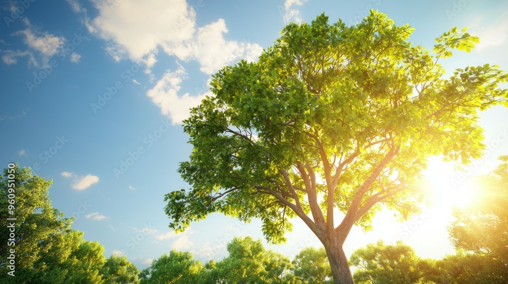 Fototapeta premium A tree is in the foreground of a field with a bright blue sky
