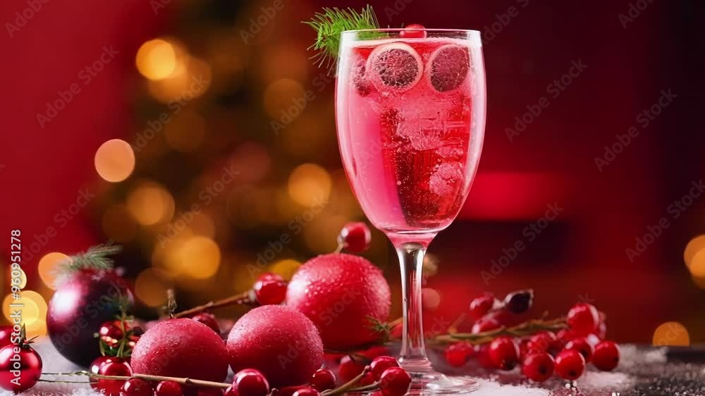 Festive red cocktail is standing on a table with red ornaments and a sprig of red berries in front of a blurry christmas tree Festive red cocktail is standing on a table with red ornaments and a sprig of red berries in front of a blurry christmas tree