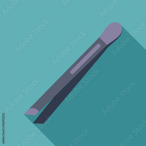 Illustration of a pair of metal tweezers with purple handles lying diagonally on a teal background