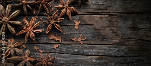 Closeup Of Aromatic Dried Anise Stars With Seeds Scattered On Rustic Wooden Table For Gastronomy Concept Background