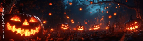 A spooky Halloween scene featuring illuminated pumpkins, creating an eerie yet festive atmosphere in a dark forest.