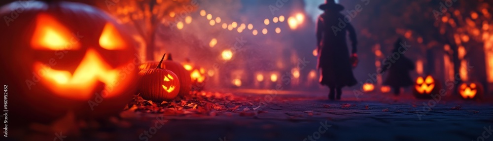 A spooky Halloween scene with glowing jack-o'-lanterns and a mysterious figure walking down a festive street. A spooky Halloween scene with glowing jack-o'-lanterns and a mysterious figure walking down a festive street.