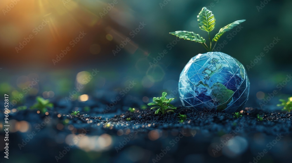 A seed sprouting from soil next to a small model of the Earth, A seed sprouting from soil next to a small model of the Earth,