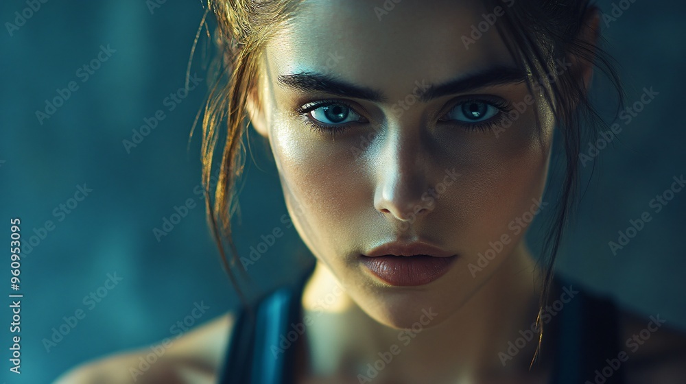 Naklejka premium Close up Portrait of a Young Woman with Blue Eyes