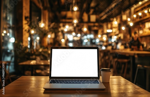 Laptop and Coffee Cup on Wooden Table in Cafe