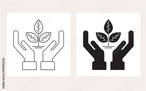 Black silhouette and thin line conceptual two open hands holding leaves sign icons set on white background 