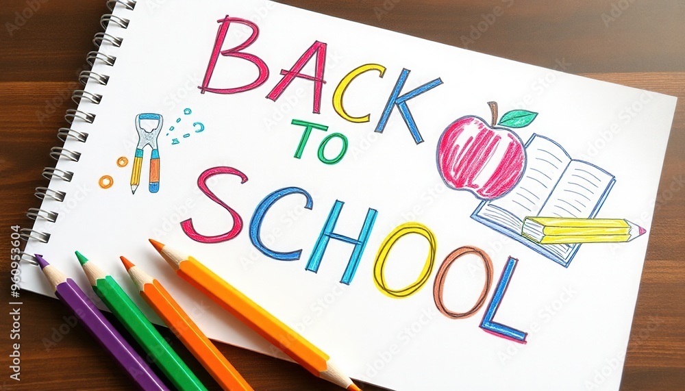 Back to School message with vibrant pencil drawings of books, apples, and pencils on white paper. Exciting start of the school year with colorful, playful illustrations. Back to School message with vibrant pencil drawings of books, apples, and pencils on white paper. Exciting start of the school year with colorful, playful illustrations.