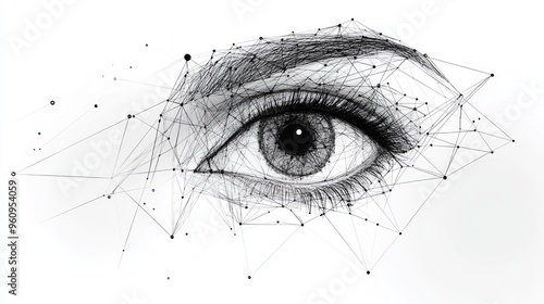 Eye low poly wireframe isolated black on white background. Abstract mash line and point origami. Vector polygon illustration. Technoligy eyes with geometry triangle. Light connection digital structure photo