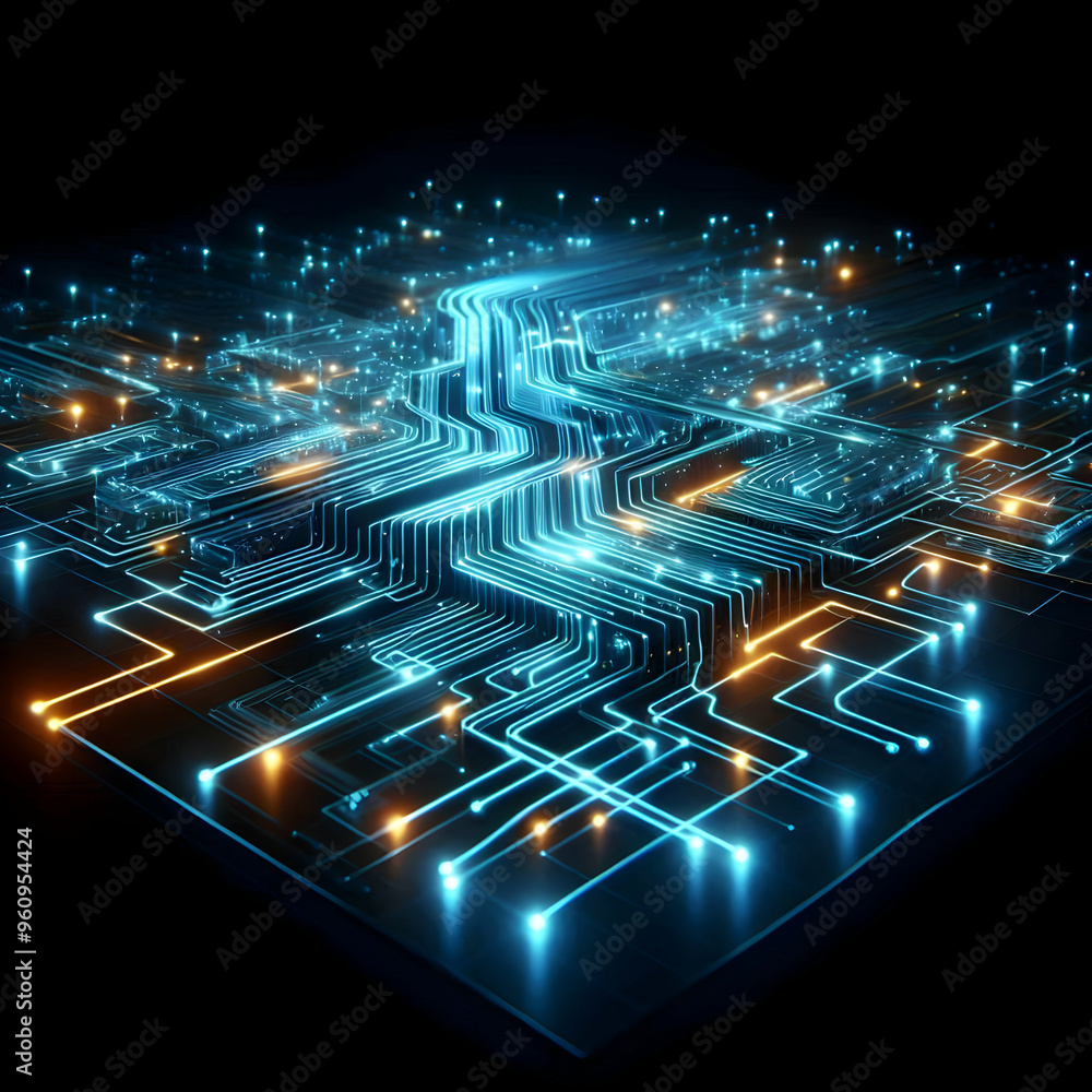 Abstract Neon Circuit Board with Glowing Pathways - Dynamic Digital Art Symbolizing Data Flow and Technological Complexity on Dark Gradient Background Abstract Neon Circuit Board with Glowing Pathways - Dynamic Digital Art Symbolizing Data Flow and Technological Complexity on Dark Gradient Background