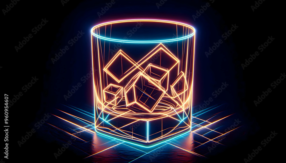 Abstract Geometric Shapes with Neon Edges Forming Whiskey Glass on Dark Background - Modern Beverage Presentation in Motion Abstract Geometric Shapes with Neon Edges Forming Whiskey Glass on Dark Background - Modern Beverage Presentation in Motion