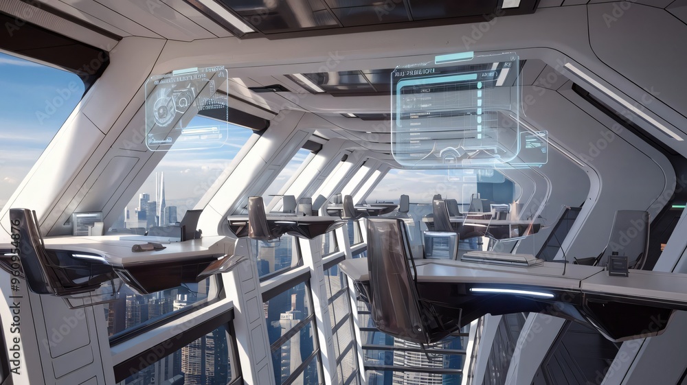 Obraz premium Futuristic Office Interior with City View and Tech Screens