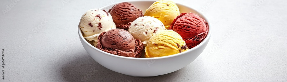 A delicious bowl of assorted ice cream scoops, featuring a variety of flavors and colors, perfect for summer dessert. A delicious bowl of assorted ice cream scoops, featuring a variety of flavors and colors, perfect for summer dessert.