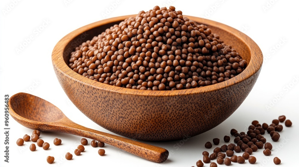 A wooden bowl filled with small, brown, round, edible granules, with a wooden spoon beside it, isolated on a white background. A wooden bowl filled with small, brown, round, edible granules, with a wooden spoon beside it, isolated on a white background.