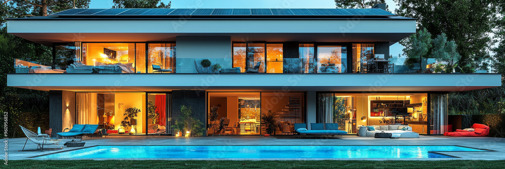 Modern home with a pool and patio, illuminated at dusk. Modern home with a pool and patio, illuminated at dusk.