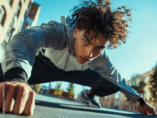 Urban Action Sports: Stylish, Young Man in a Hoodie Running on Rooftop photo