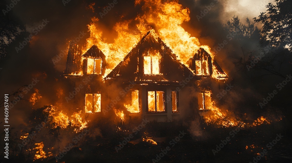 Nighttime house fire during a blackout, flames tearing through the roof, windows shattered from the heat, eerie glow against a dark sky Nighttime house fire during a blackout, flames tearing through the roof, windows shattered from the heat, eerie glow against a dark sky