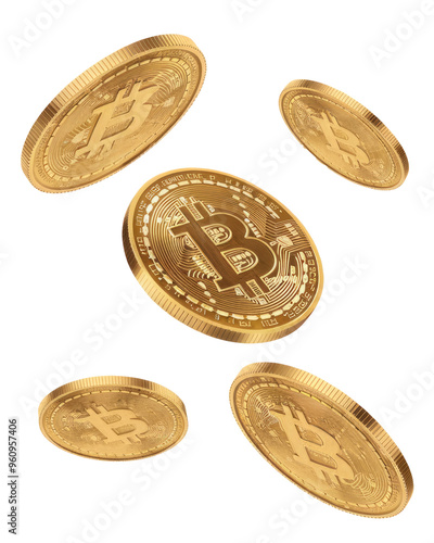 Golden coin with bitcoin symbol isolated on white background, Shiny golden physical cryptocurrencies Bitcoin symbol png file