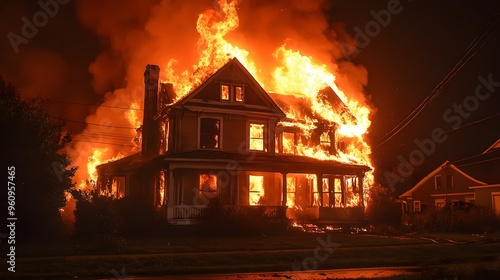 Nighttime house fire during a blackout, flames tearing through the roof, windows shattered from the heat, eerie glow against a dark sky photo