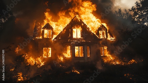 Nighttime house fire during a blackout, flames tearing through the roof, windows shattered from the heat, eerie glow against a dark sky photo