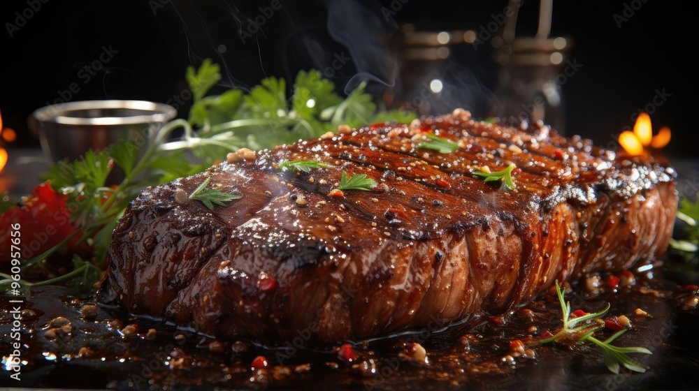 Sizzling steak cooked to perfection, garnished with herbs and pepper, ready for a delicious meal. Sizzling steak cooked to perfection, garnished with herbs and pepper, ready for a delicious meal.