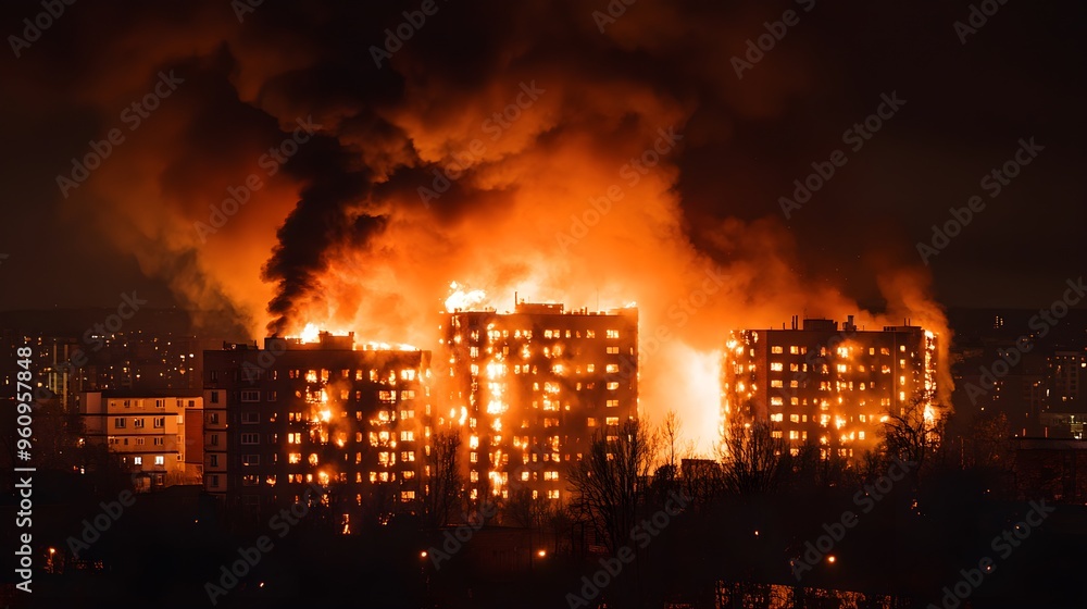 Nighttime inferno in a city apartment block, bright orange flames erupting from windows, thick black smoke swirling into the night sky Nighttime inferno in a city apartment block, bright orange flames erupting from windows, thick black smoke swirling into the night sky