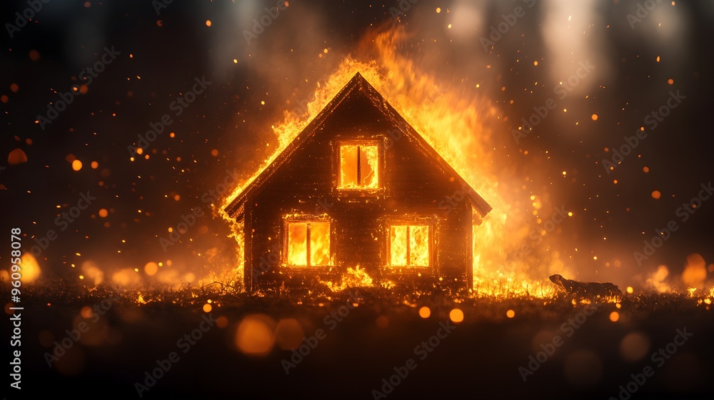 Remote forest house on fire, vivid flames illuminating the night, animals in motion, intense orange and black contrast, captured for insurance purposes, photography style Remote forest house on fire, vivid flames illuminating the night, animals in motion, intense orange and black contrast, captured for insurance purposes, photography style