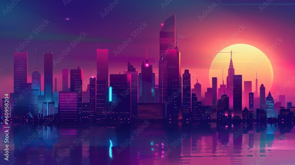 Fototapeta premium Neon Cityscape at Sunset