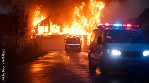 Suburban house fire at night, emergency vehicles with flashing red and blue lights, intense flames consuming the structure, realism, moody atmosphere, detailed for insurance assessment