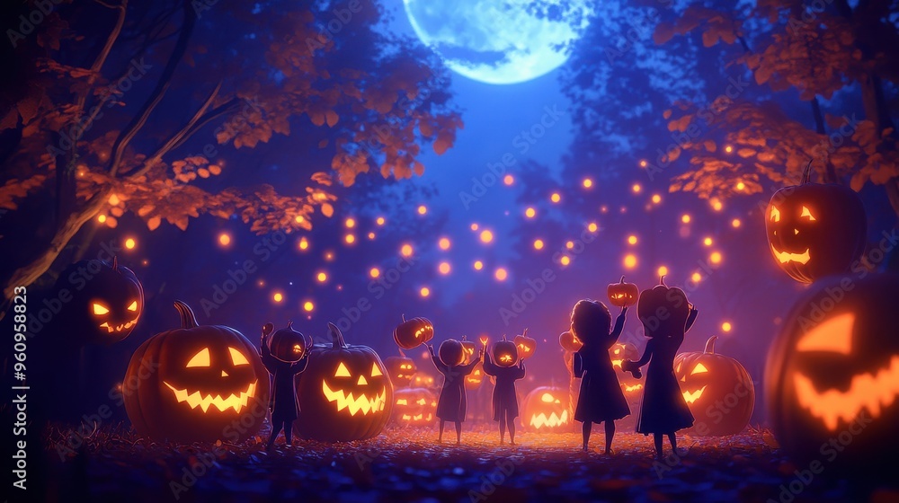 Enchanting Halloween scene featuring glowing pumpkins, joyful children, and a full moon illuminating the festive atmosphere. Enchanting Halloween scene featuring glowing pumpkins, joyful children, and a full moon illuminating the festive atmosphere.