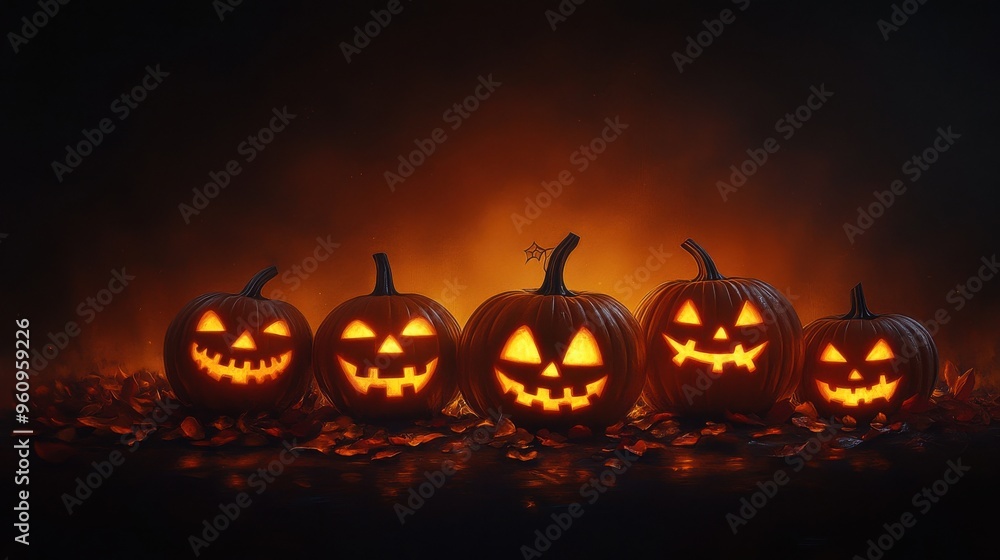 Five glowing Halloween pumpkins decorate a dark background, showcasing playful and spooky expressions perfect for seasonal festivities. Five glowing Halloween pumpkins decorate a dark background, showcasing playful and spooky expressions perfect for seasonal festivities.