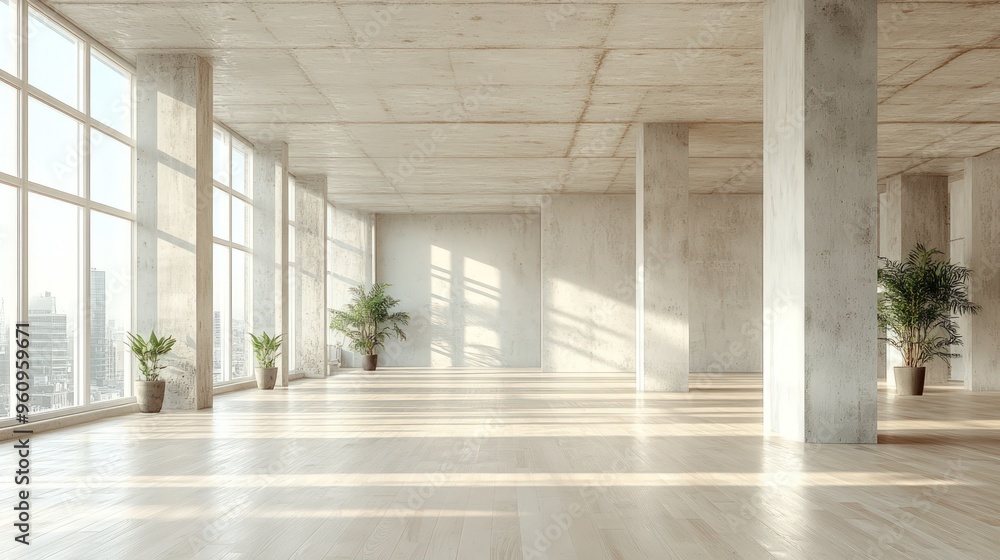 A spacious, minimalist loft with large windows, concrete pillars, and wooden floors. Sunlight streams in, illuminating the empty space. A spacious, minimalist loft with large windows, concrete pillars, and wooden floors. Sunlight streams in, illuminating the empty space.