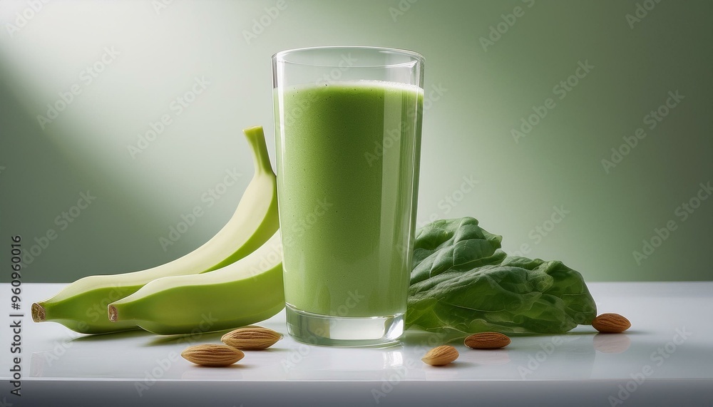 A simple glass of green smoothie made from blended spinach, banana, and almond milk, with co A simple glass of green smoothie made from blended spinach, banana, and almond milk, with co