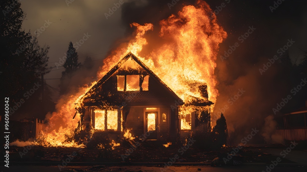 A house in flames during a nighttime blackout, with the fire being the only source of light in the area A house in flames during a nighttime blackout, with the fire being the only source of light in the area