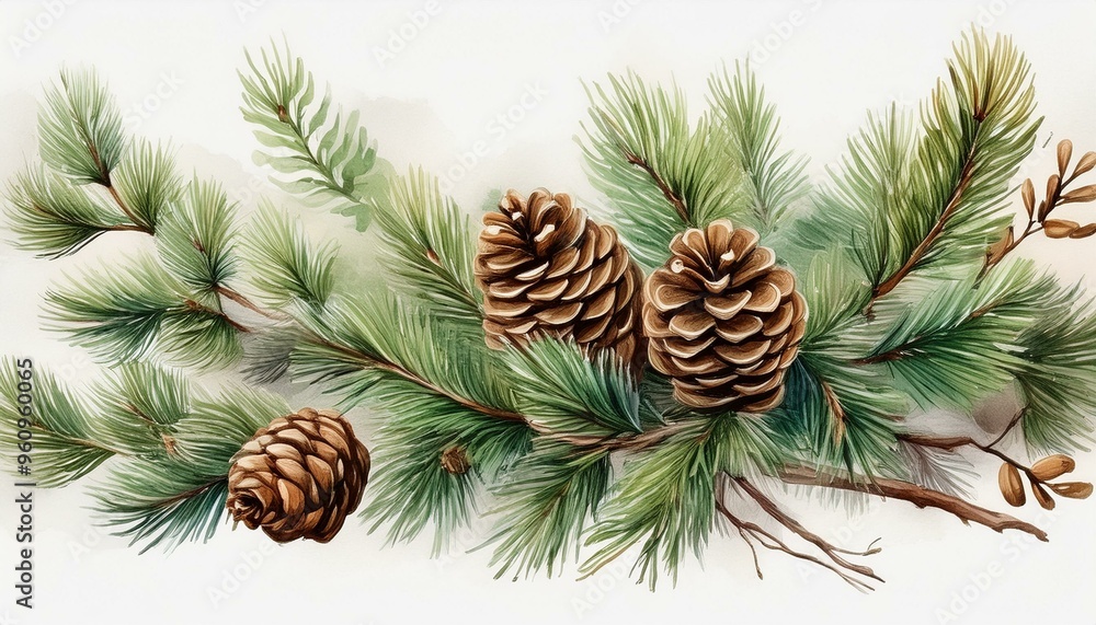 A soft and delicate watercolor depiction of an evergreen fir branch, with fine needle detail A soft and delicate watercolor depiction of an evergreen fir branch, with fine needle detail