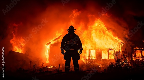 A lone firefighter standing in front of a blazing house at night, silhouetted against the flames