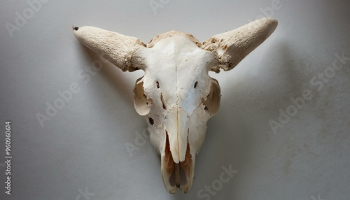  Owl skull with the distinct beak, shown from an overhead angle, against a pale, minimalist b