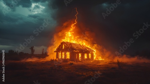 A massive lightning strike on a remote house in the countryside, engulfed in flames, dark clouds looming overhead, the scene is chaotic yet visually stunning