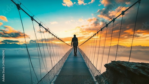 Person stepping onto a bridge leading to a new adventure, symbolizing a fresh start. Challenge in the future.