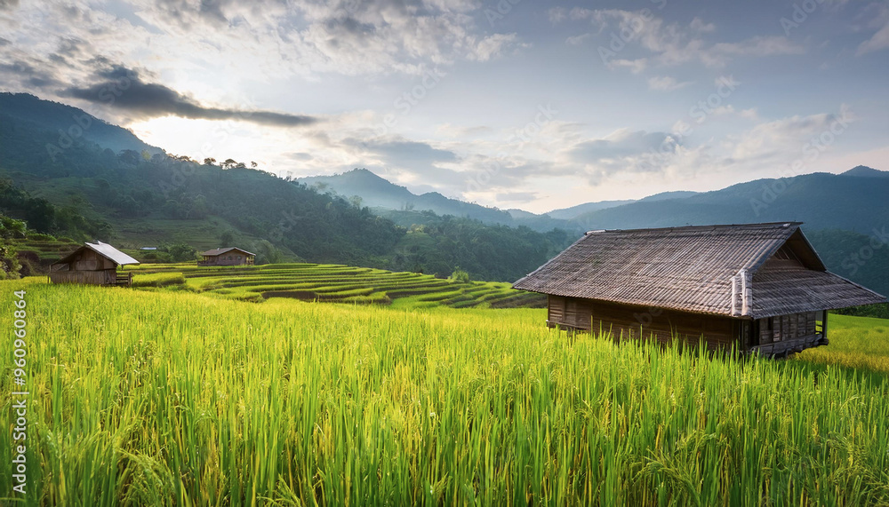 The wooden house is a wooden hut built in the middle of a rice field, surrounded by rice fields and mountains. The wooden house is a wooden hut built in the middle of a rice field, surrounded by rice fields and mountains.