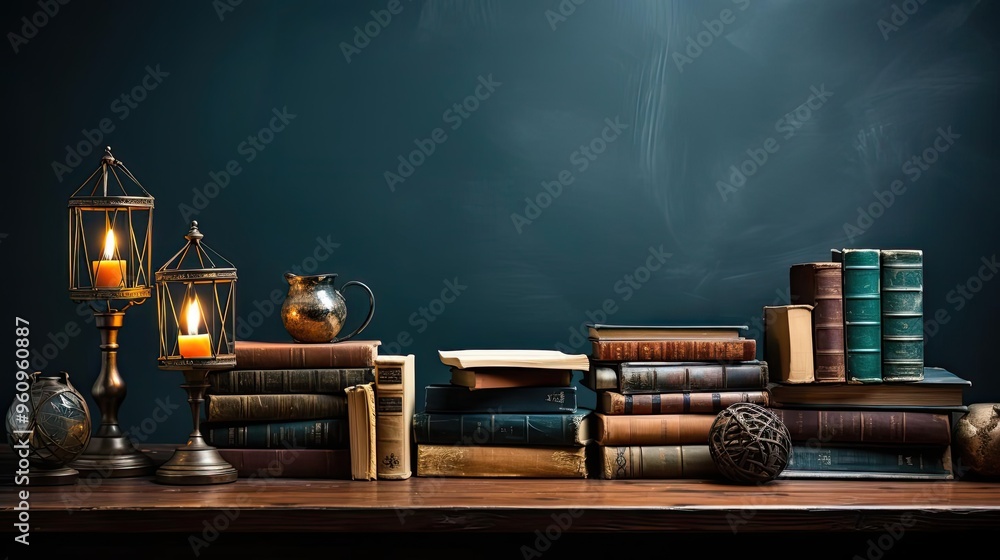 A well-stocked bookshelf with books and candles, evoking a warm and inviting atmosphere for reading. A well-stocked bookshelf with books and candles, evoking a warm and inviting atmosphere for reading.