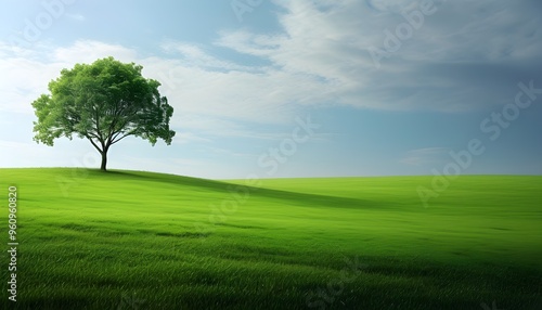 Serene abstract landscape featuring a solitary tree amidst a vibrant green field