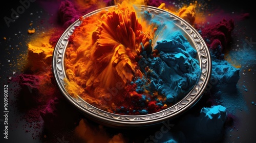 depicts a circular silver object that is surrounded by vibrant multicolored paint drips,