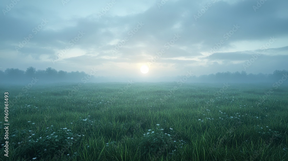 Gloomy evening sky over a grassy meadow, 3D rendering, soft lighting, realistic, moody Gloomy evening sky over a grassy meadow, 3D rendering, soft lighting, realistic, moody