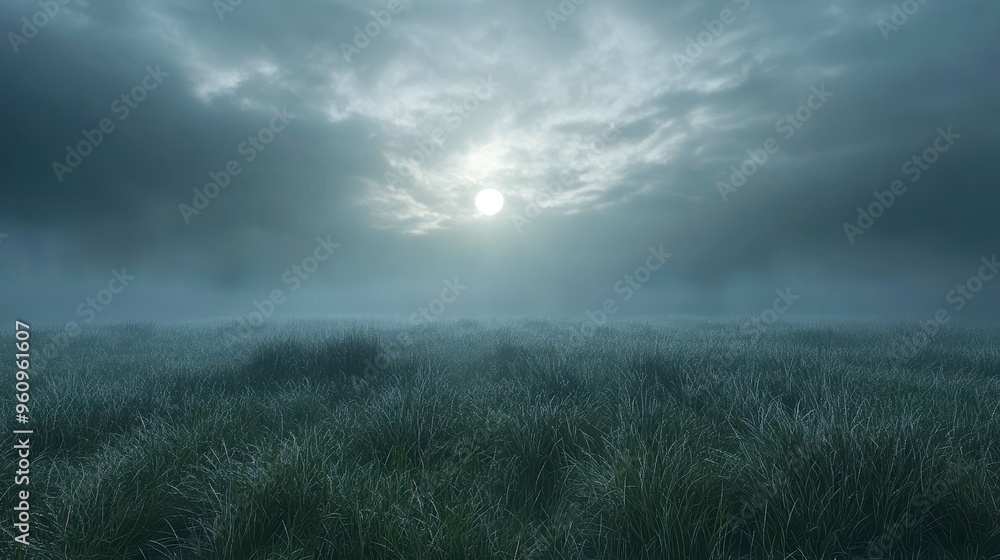 Gloomy evening sky over a grassy meadow, 3D rendering, soft lighting, realistic, moody Gloomy evening sky over a grassy meadow, 3D rendering, soft lighting, realistic, moody