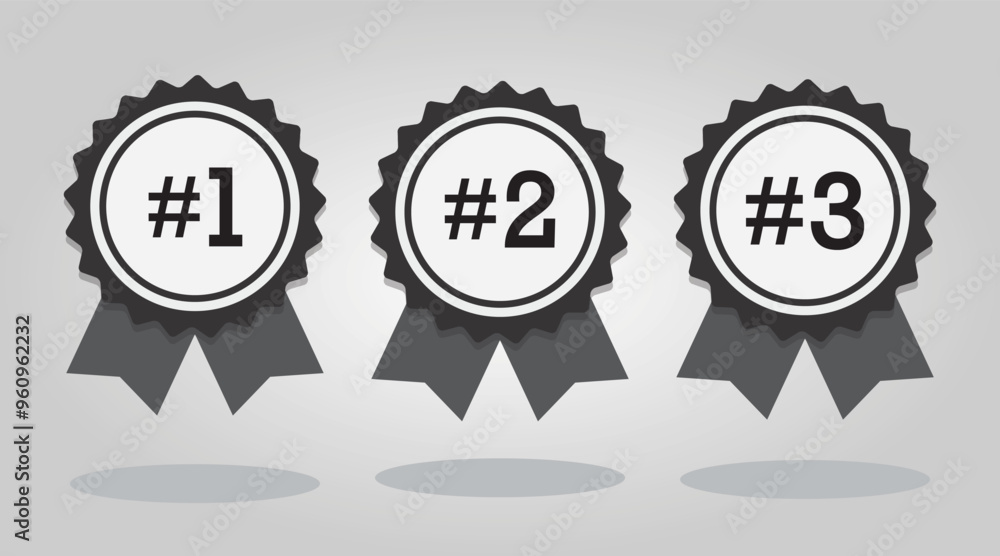 Abstract black horizontal conceptual three ribbon award bows in a row with numbers and drop shadows icons on gray gradient background Abstract black horizontal conceptual three ribbon award bows in a row with numbers and drop shadows icons on gray gradient background