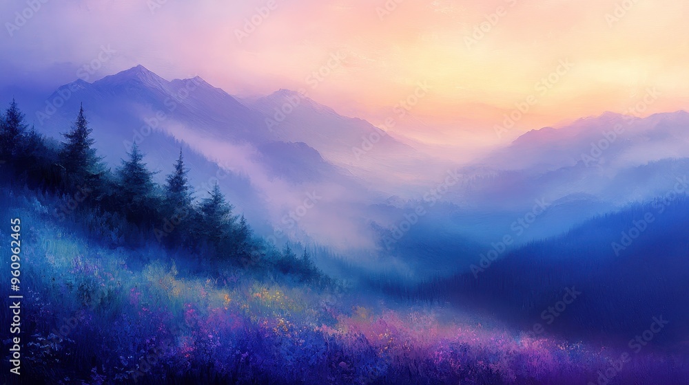 A misty morning on a mountain ridge, soft pastel colors, serene and tranquil A misty morning on a mountain ridge, soft pastel colors, serene and tranquil
