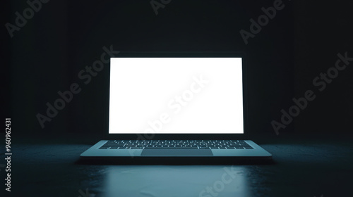 Laptop mockup in a minimalistic style. An open laptop with a white blank screen stands in a black room on a black table. Website advertising