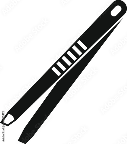 Black simple vector icon of metal tweezers for eyebrows holding something small, isolated on white background