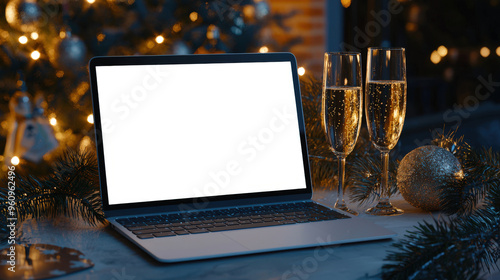 A mockup of a laptop with a white screen, standing on a table with two glasses of champagne. A stylish modern laptop surrounded by fir branches and Christmas decorations