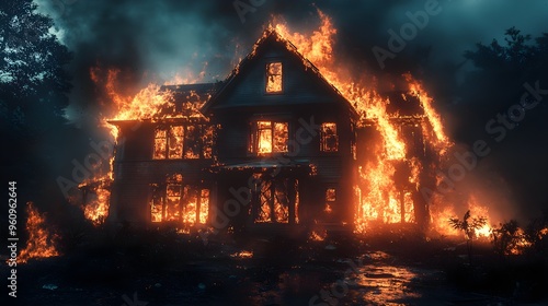 Haunted-looking house ablaze, fire pouring out from cracked windows, eerie night setting with dark shadows, photorealistic style, dramatic composition, for commercial insurance use